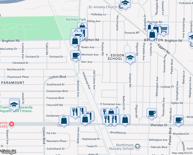 map of restaurants, bars, coffee shops, grocery stores, and more near 36 Rye Place in Tonawanda