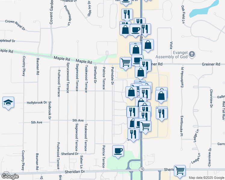 map of restaurants, bars, coffee shops, grocery stores, and more near 241 Palmdale Drive in Buffalo