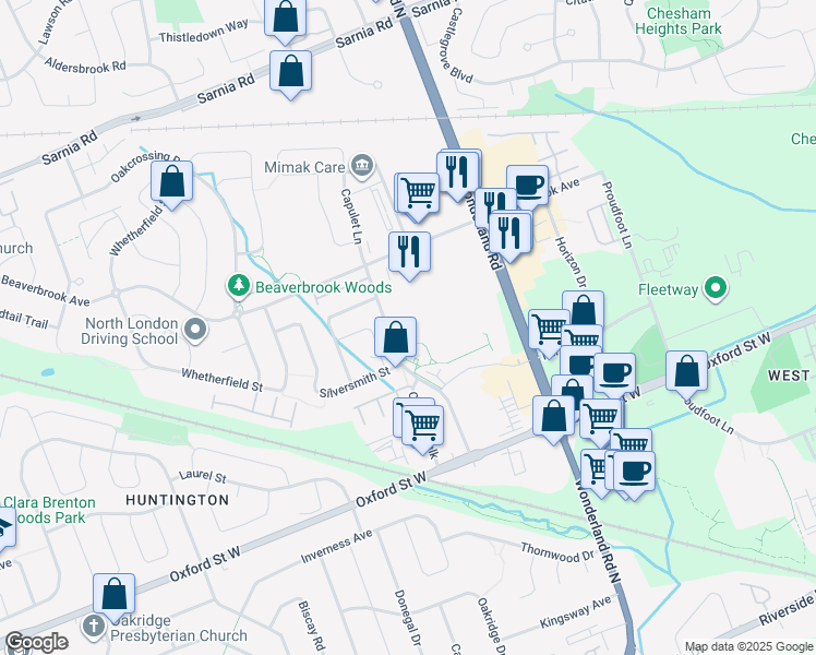 map of restaurants, bars, coffee shops, grocery stores, and more near 50 Capulet Lane in London