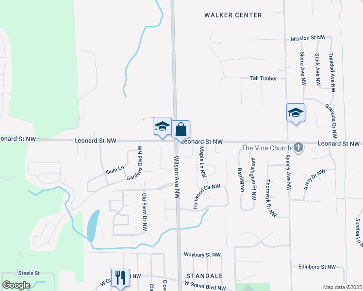 map of restaurants, bars, coffee shops, grocery stores, and more near 1184 Wilson Avenue Northwest in Grand Rapids