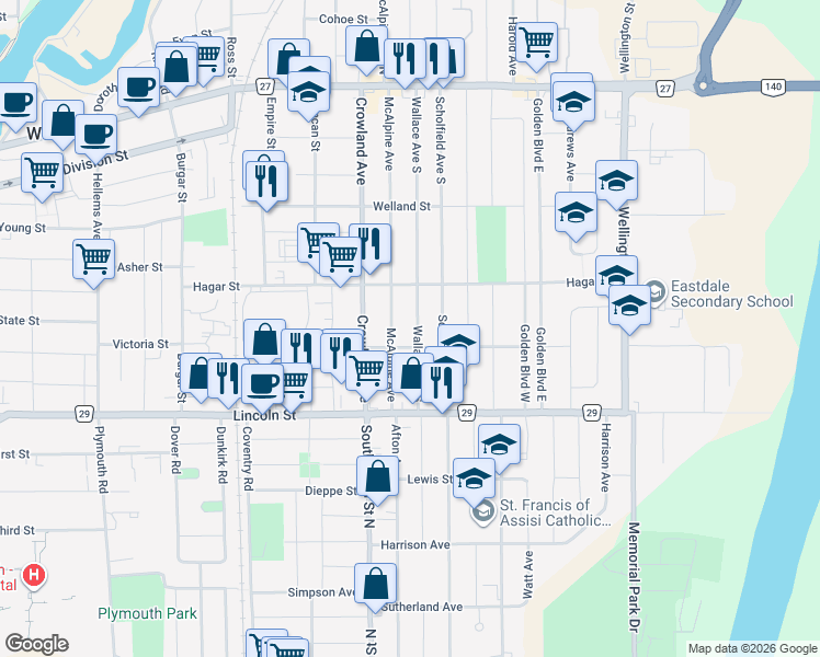 map of restaurants, bars, coffee shops, grocery stores, and more near 301 Wallace Avenue South in Welland