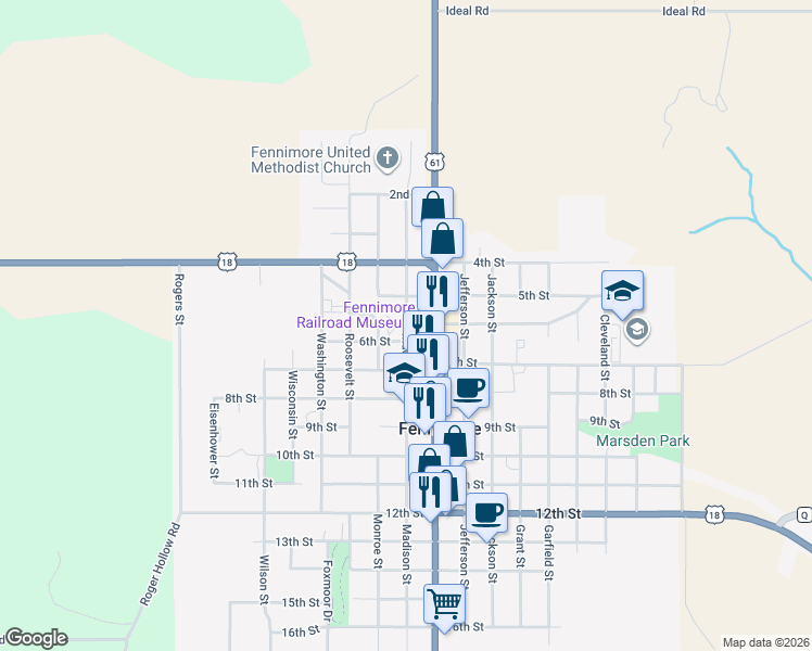 map of restaurants, bars, coffee shops, grocery stores, and more near 560 Madison Street in Fennimore