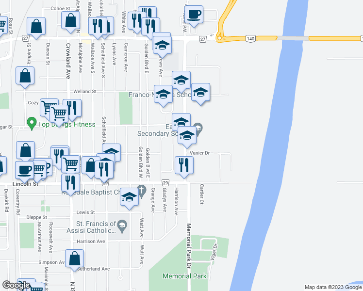 map of restaurants, bars, coffee shops, grocery stores, and more near 179 Wellington Street in Welland