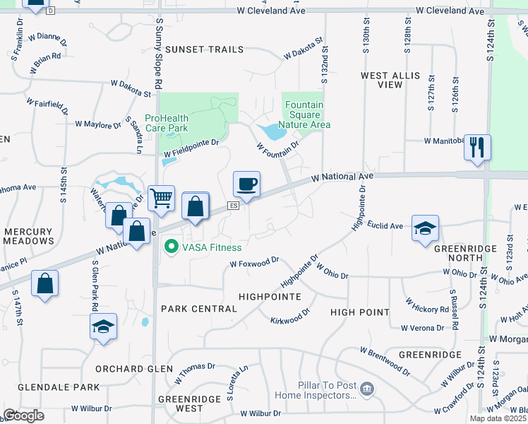 map of restaurants, bars, coffee shops, grocery stores, and more near 13445 West National Avenue in New Berlin