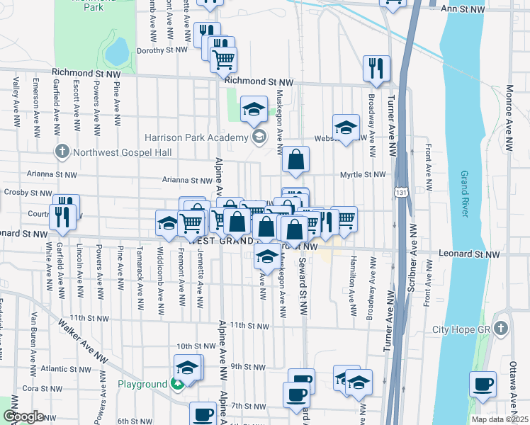map of restaurants, bars, coffee shops, grocery stores, and more near 1248 Davis Avenue Northwest in Grand Rapids