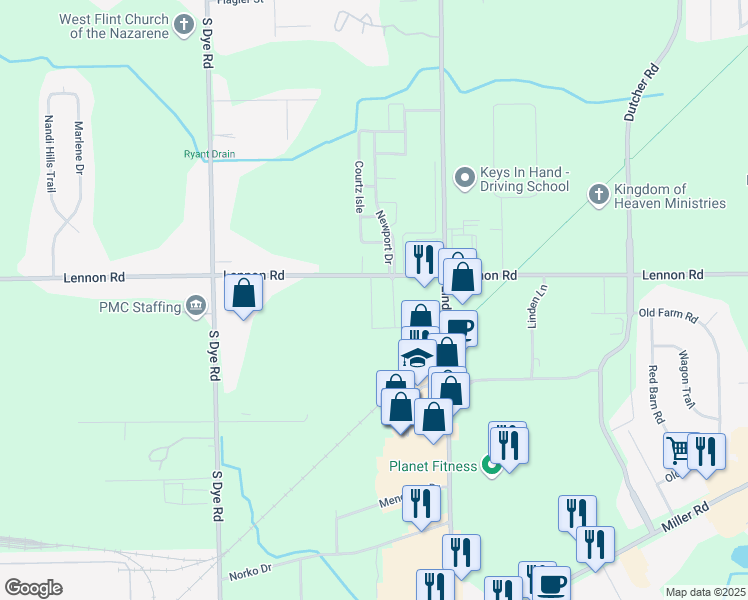 map of restaurants, bars, coffee shops, grocery stores, and more near 3030 Linden Road in Flint