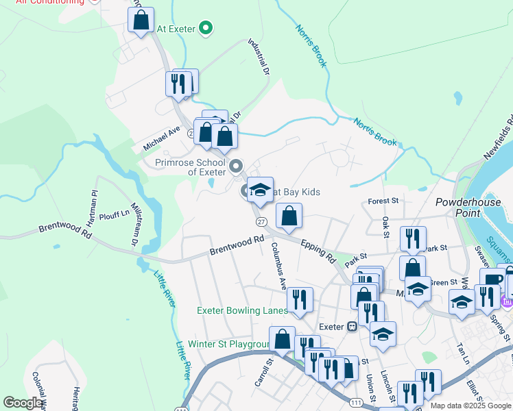 map of restaurants, bars, coffee shops, grocery stores, and more near 5 Brookside Drive in Exeter