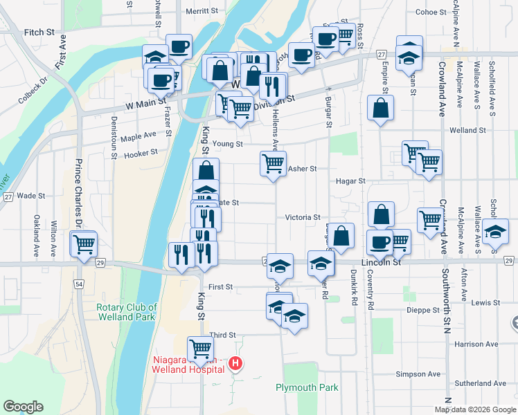 map of restaurants, bars, coffee shops, grocery stores, and more near 137 State Street in Welland
