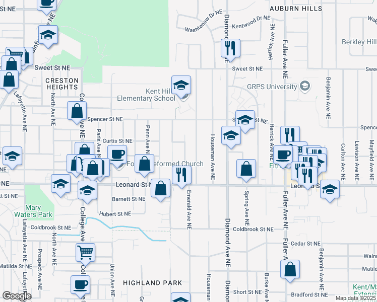 map of restaurants, bars, coffee shops, grocery stores, and more near 1336 Northfield Avenue Northeast in Grand Rapids