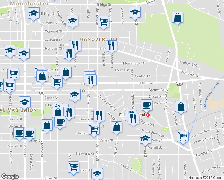map of restaurants, bars, coffee shops, grocery stores, and more near 459 Spruce Street in Manchester