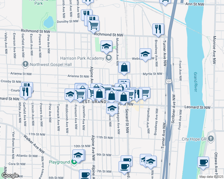 map of restaurants, bars, coffee shops, grocery stores, and more near 1248 Davis Avenue Northwest in Grand Rapids