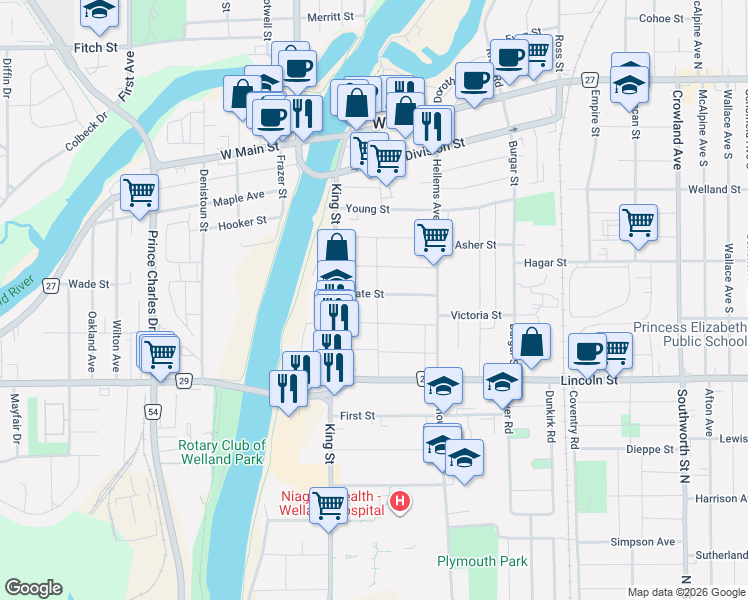 map of restaurants, bars, coffee shops, grocery stores, and more near 93 State Street in Welland