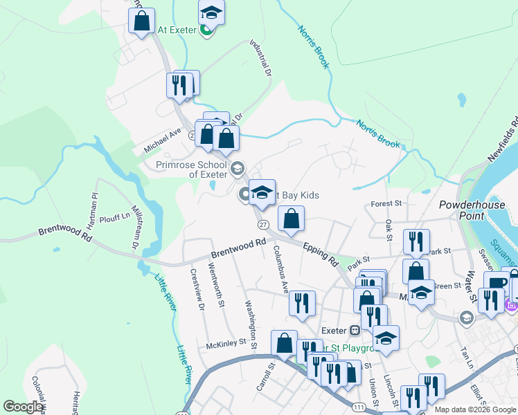 map of restaurants, bars, coffee shops, grocery stores, and more near 6 Brookside Drive in Exeter