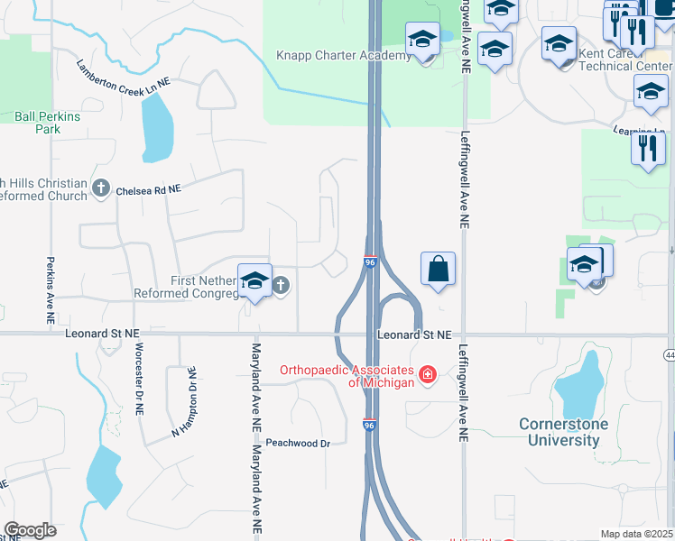 map of restaurants, bars, coffee shops, grocery stores, and more near 1350 Dewberry Court Northeast in Grand Rapids
