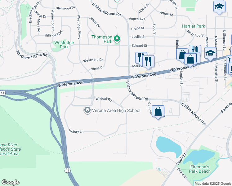 map of restaurants, bars, coffee shops, grocery stores, and more near 285 Wildcat Way in Verona