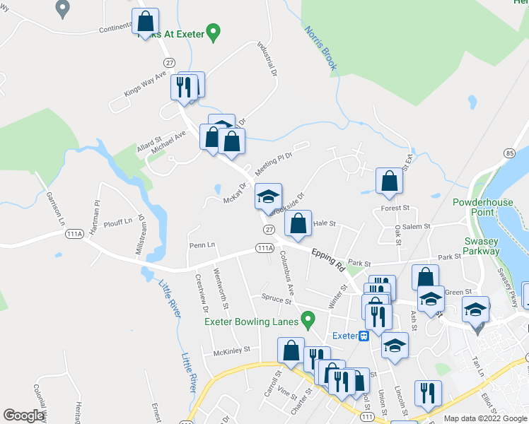 map of restaurants, bars, coffee shops, grocery stores, and more near 74 Epping Road in Exeter