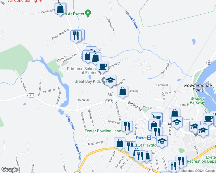 map of restaurants, bars, coffee shops, grocery stores, and more near 74 Epping Road in Exeter