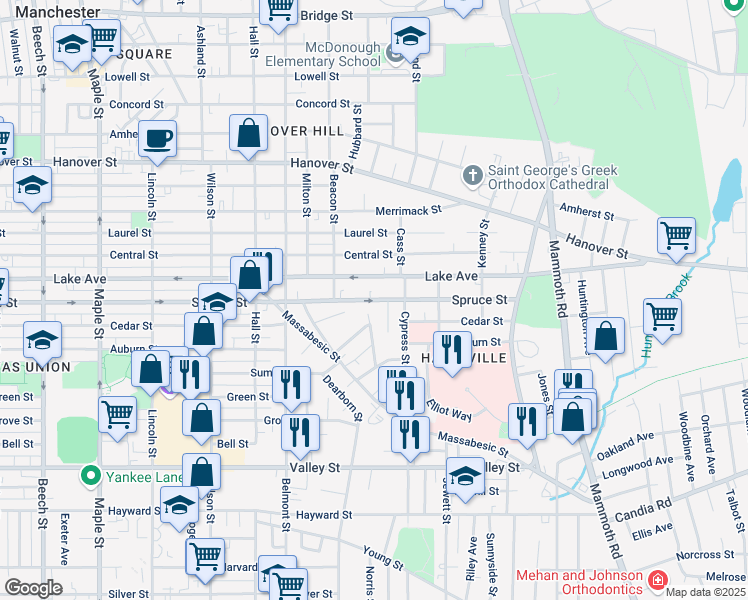 map of restaurants, bars, coffee shops, grocery stores, and more near 557 Lake Avenue in Manchester