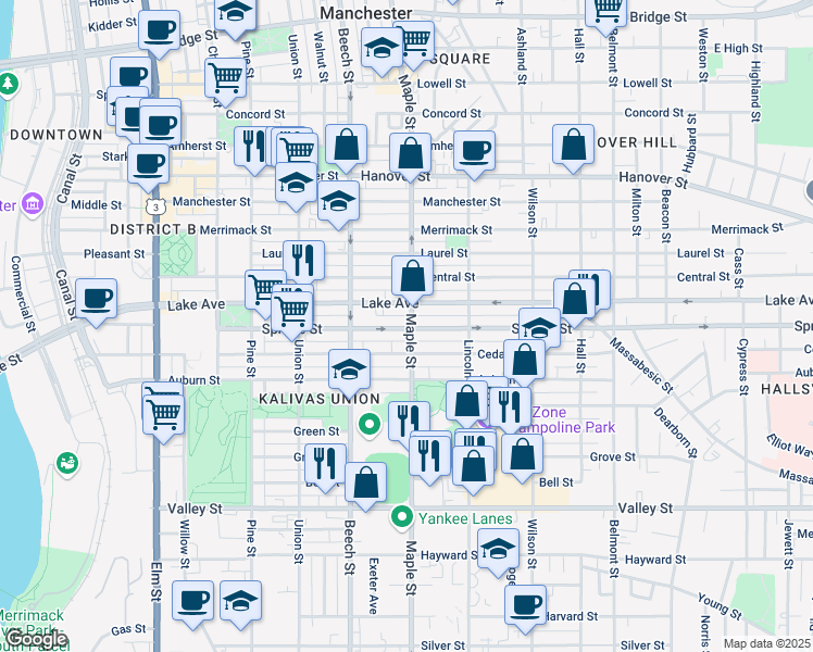map of restaurants, bars, coffee shops, grocery stores, and more near 311 Lake Avenue in Manchester