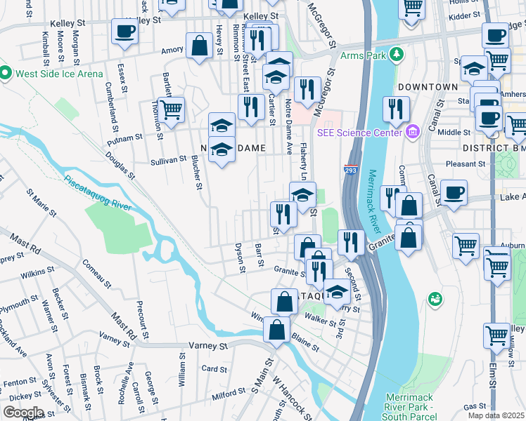 map of restaurants, bars, coffee shops, grocery stores, and more near 78 Cartier Street in Manchester