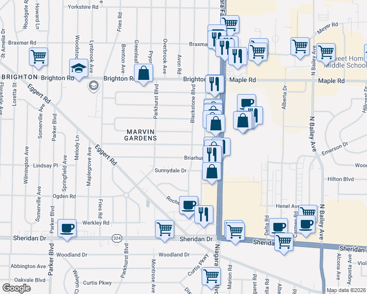 map of restaurants, bars, coffee shops, grocery stores, and more near 95 Treadwell Road in Tonawanda
