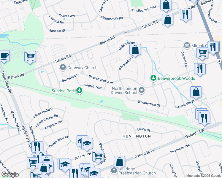 map of restaurants, bars, coffee shops, grocery stores, and more near 784 Redtail Court in London