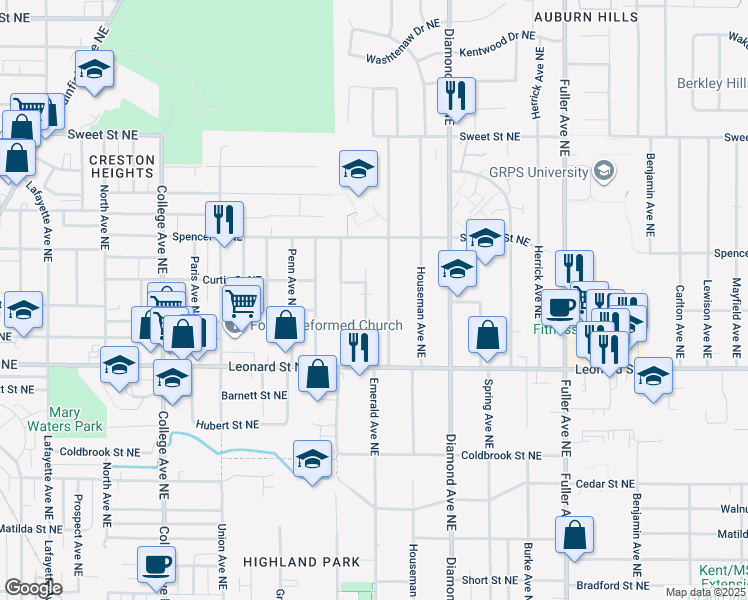 map of restaurants, bars, coffee shops, grocery stores, and more near 1336 Northfield Avenue Northeast in Grand Rapids