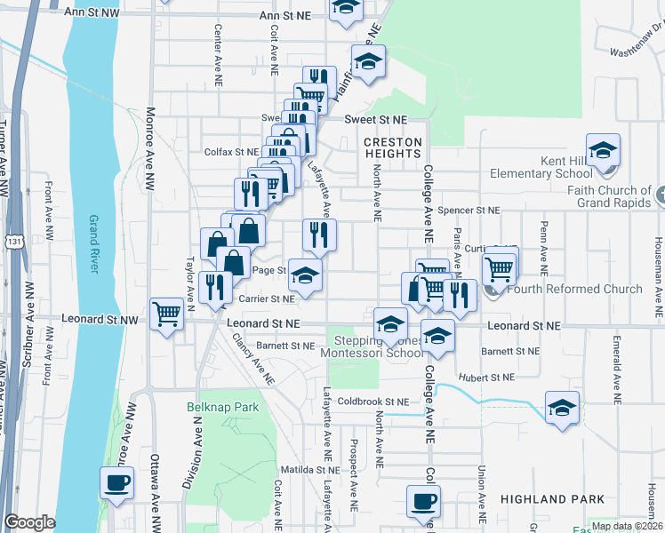 map of restaurants, bars, coffee shops, grocery stores, and more near 1318 Lafayette Avenue Northeast in Grand Rapids