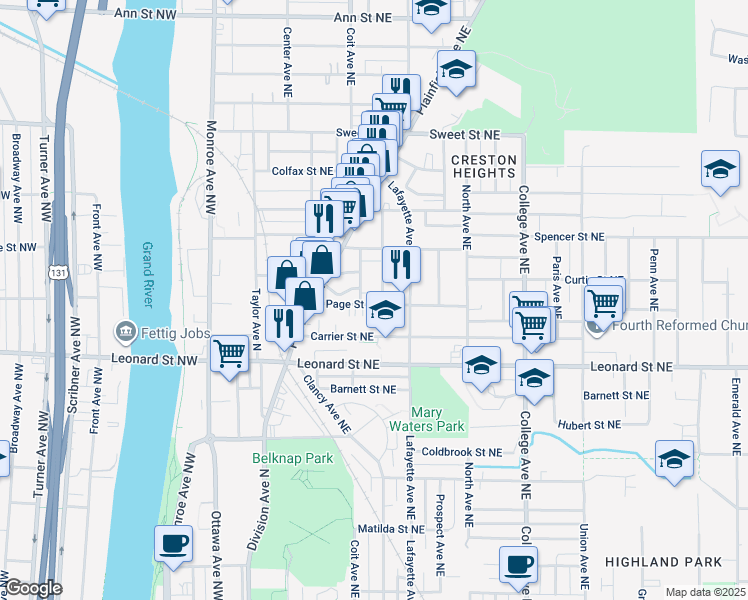 map of restaurants, bars, coffee shops, grocery stores, and more near 1319 Buffalo Avenue Northeast in Grand Rapids