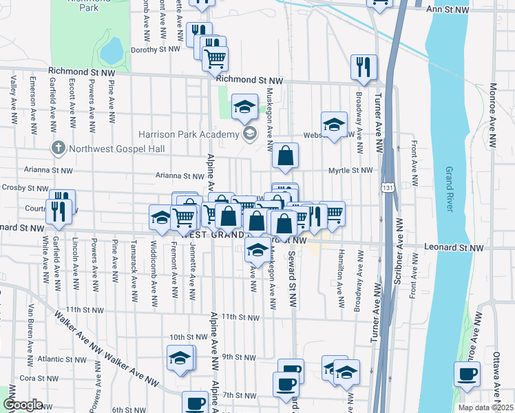 map of restaurants, bars, coffee shops, grocery stores, and more near 1301 Davis Avenue Northwest in Grand Rapids