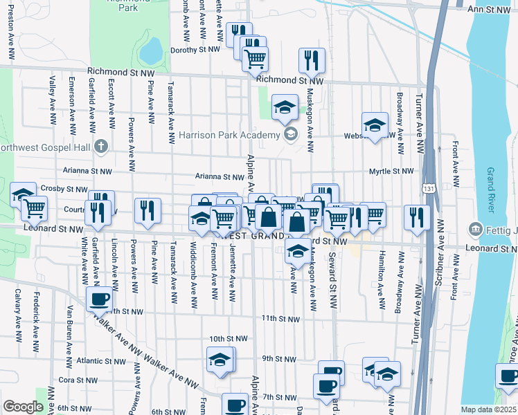 map of restaurants, bars, coffee shops, grocery stores, and more near 746 Crosby Street Northwest in Grand Rapids