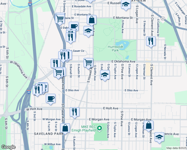 map of restaurants, bars, coffee shops, grocery stores, and more near 3158 South Howell Avenue in Milwaukee