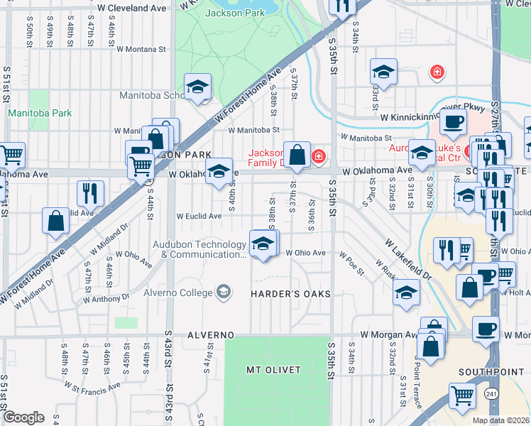 map of restaurants, bars, coffee shops, grocery stores, and more near 3164 South 38th Street in Milwaukee