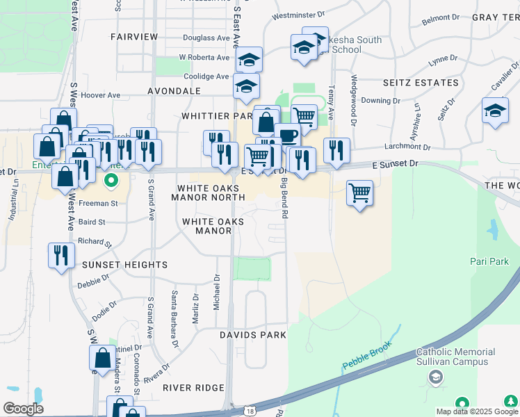 map of restaurants, bars, coffee shops, grocery stores, and more near 1430 Big Bend Road in Waukesha