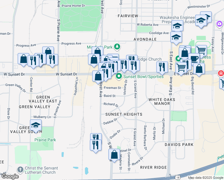 map of restaurants, bars, coffee shops, grocery stores, and more near 453 Freeman Street in Waukesha