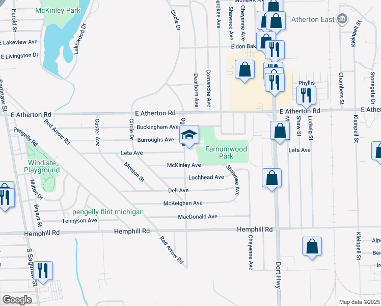 map of restaurants, bars, coffee shops, grocery stores, and more near 4001 Ogema Avenue in Flint