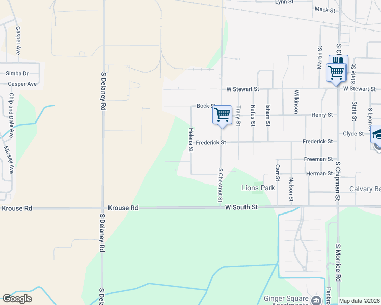 map of restaurants, bars, coffee shops, grocery stores, and more near 1120 Helena Street in Owosso
