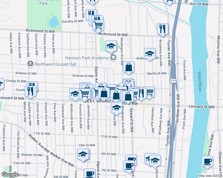 map of restaurants, bars, coffee shops, grocery stores, and more near 1301 Davis Avenue Northwest in Grand Rapids