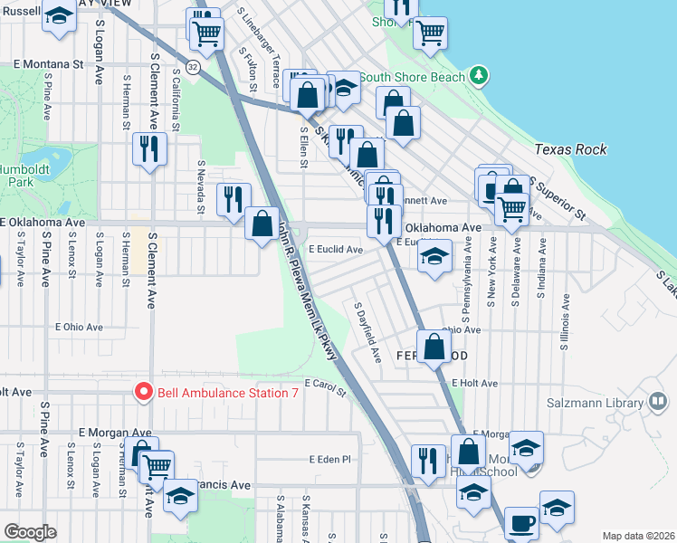 map of restaurants, bars, coffee shops, grocery stores, and more near 1933 East Hillcrest Avenue in Milwaukee