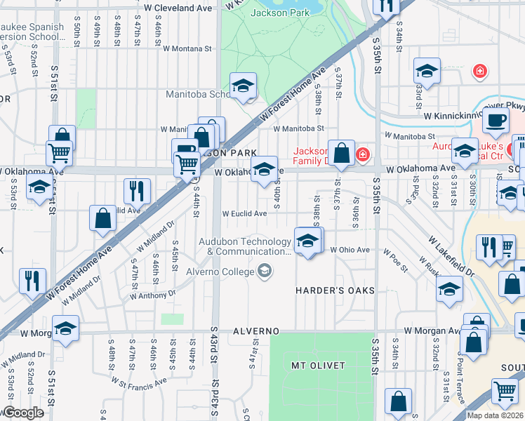 map of restaurants, bars, coffee shops, grocery stores, and more near 3162 South 41st Street in Milwaukee