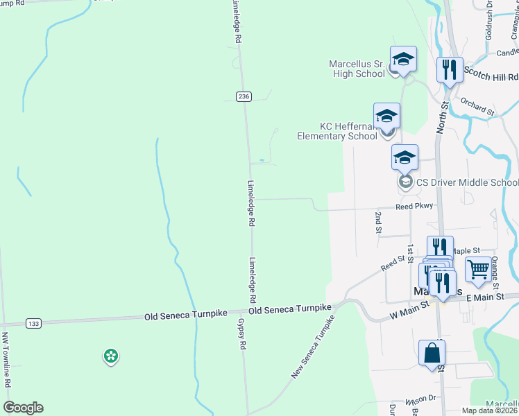 map of restaurants, bars, coffee shops, grocery stores, and more near 4478 Limeledge Road in Marcellus