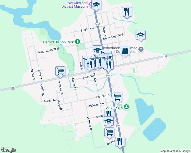 map of restaurants, bars, coffee shops, grocery stores, and more near 44 Main Street West in Norwich