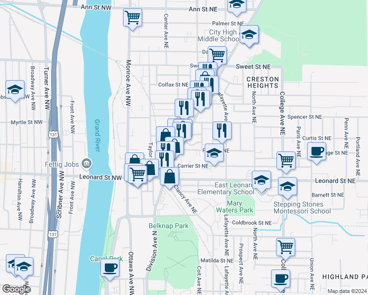 map of restaurants, bars, coffee shops, grocery stores, and more near 117 Page Street Northeast in Grand Rapids