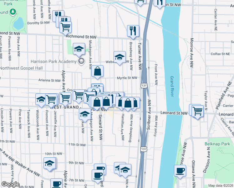 map of restaurants, bars, coffee shops, grocery stores, and more near 522 Crosby Street Northwest in Grand Rapids