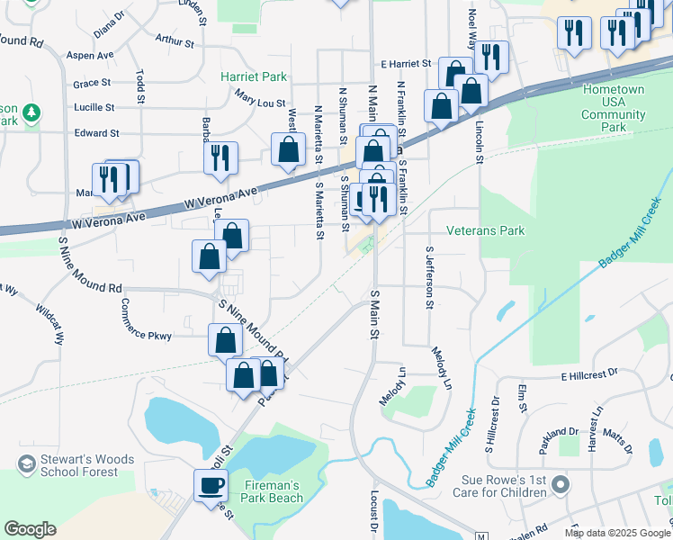 map of restaurants, bars, coffee shops, grocery stores, and more near 103 West Railroad Street in Verona