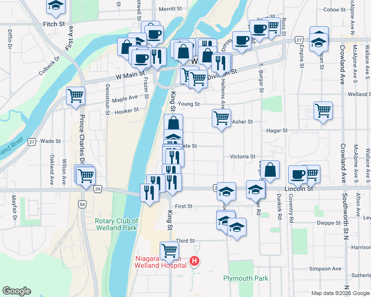 map of restaurants, bars, coffee shops, grocery stores, and more near 77 State Street in Welland