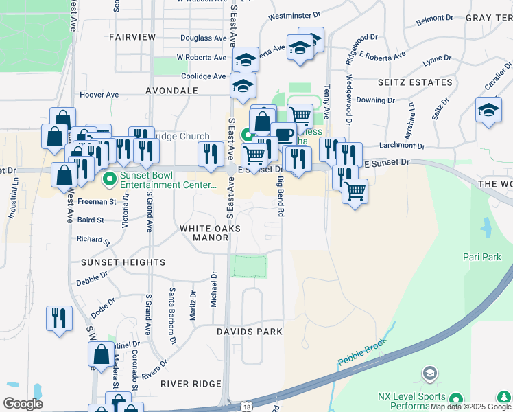 map of restaurants, bars, coffee shops, grocery stores, and more near 1430 Big Bend Road in Waukesha