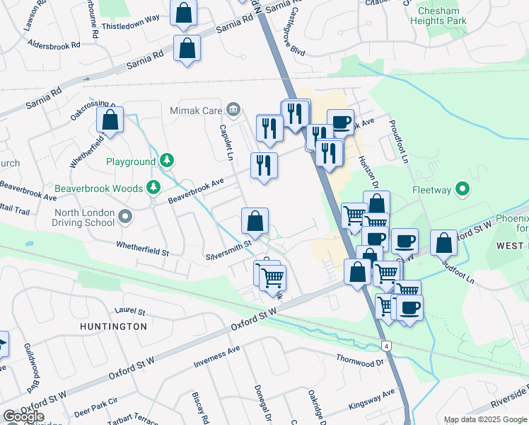 map of restaurants, bars, coffee shops, grocery stores, and more near 50 Capulet Lane in London