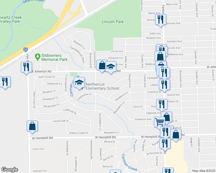 map of restaurants, bars, coffee shops, grocery stores, and more near 1534 Berrywood Lane in Flint