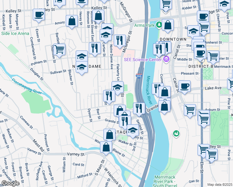 map of restaurants, bars, coffee shops, grocery stores, and more near 9 Notre Dame Avenue in Manchester